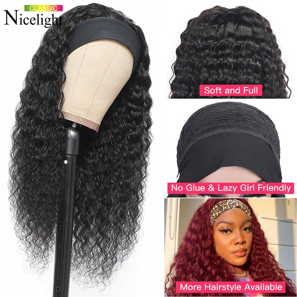 Deep Wave Headband Human Hair Wigs - LightsBetter